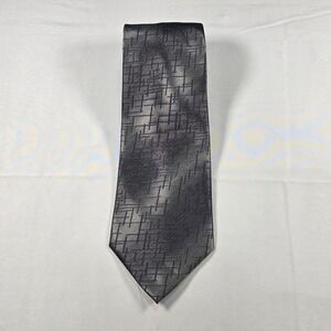 Silk Tie Versini Mens Grey Charcoal Geometric Grid Pattern Formal Business